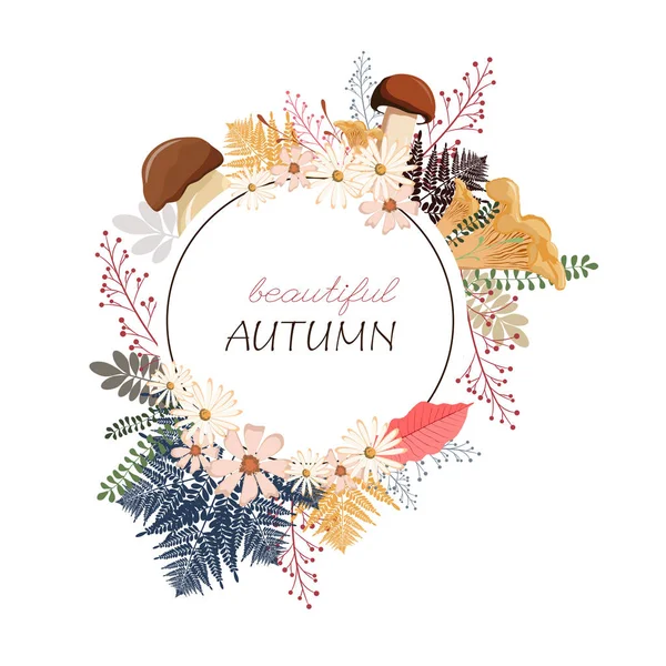 Fond Cercle Floral Illustration Ronde Automne Avec Fleurs Feuilles Herbes — Image vectorielle