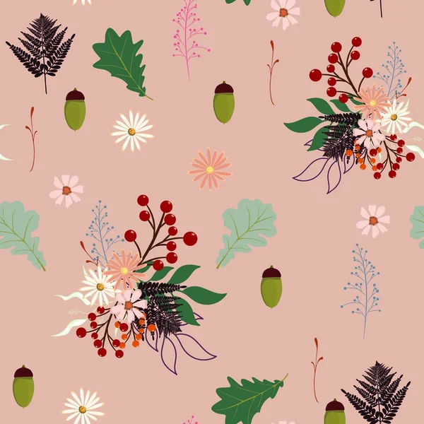 Motif Sans Couture Avec Fleur Herbes Fougère Chêne Illustration Vectorielle — Image vectorielle