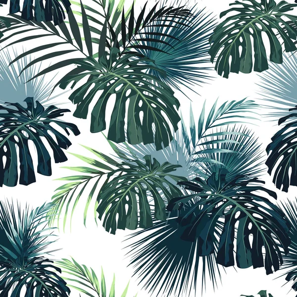 Hojas Tropicales Oscuras Con Plantas Selva Patrón Tropical Vectorial Inconsútil — Vector de stock