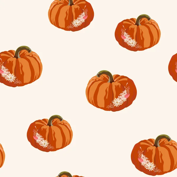 Modello Autunnale Senza Cuciture Con Zucche Fiori Halloween Illustrazione Vettoriale — Vettoriale Stock