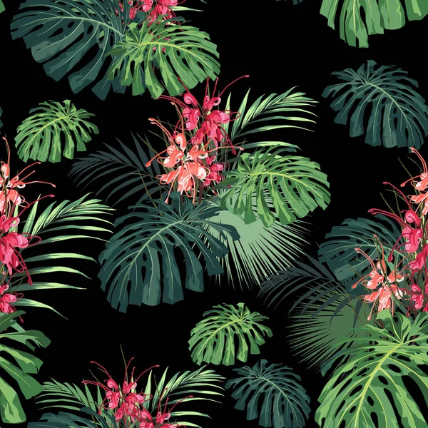 ジャングルの植物と暗く 明るい熱帯の葉 緑のヤシとモンスターの葉と赤いプロテアの花とシームレスなベクトル熱帯パターン 黒の背景 — ストックベクタ