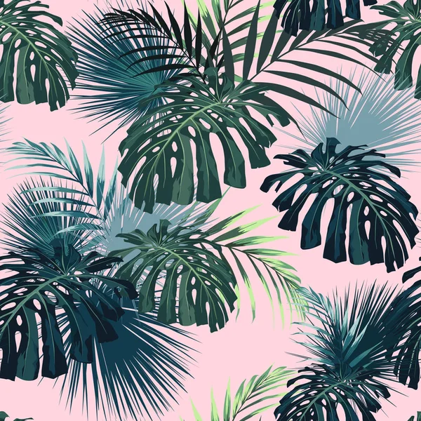 Темные Тропические Листья Растениями Джунглей Нежный Векторный Тропический Узор Зелеными — стоковый вектор