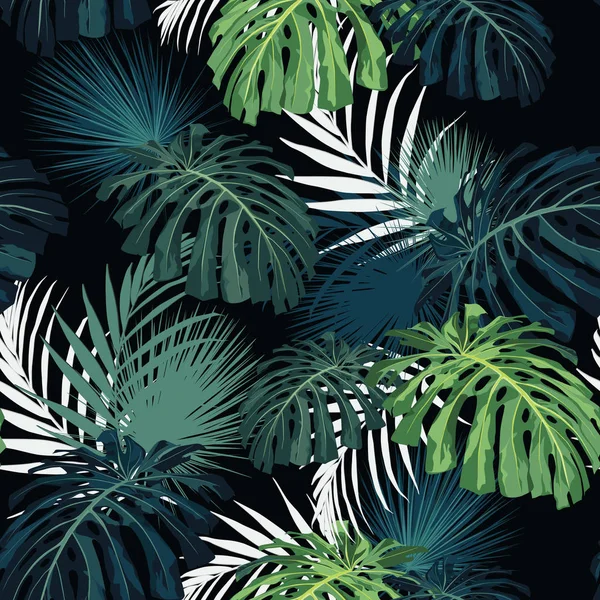 Hojas Tropicales Oscuras Brillantes Con Plantas Selva Patrón Tropical Vectorial — Vector de stock