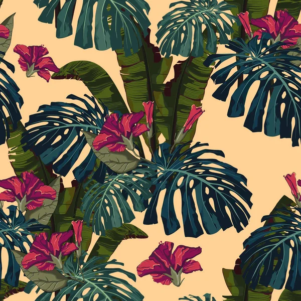 ジャングルの植物と暗い熱帯の葉 緑のバナナ モンスターの葉と赤いハイビスカスの花とシームレスなベクター熱帯パターン 黄色の背景 — ストックベクタ