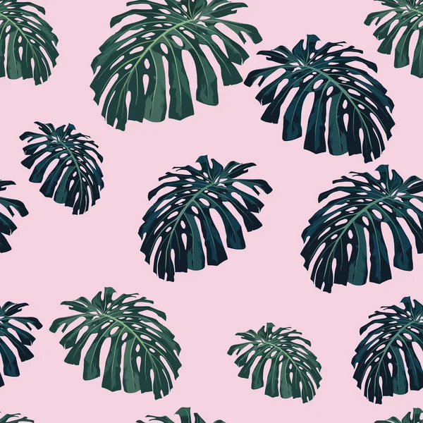 矢量无缝的热带图案 生动的热带树叶 与怪物叶 粉红色背景 复古风格 — 图库矢量图片