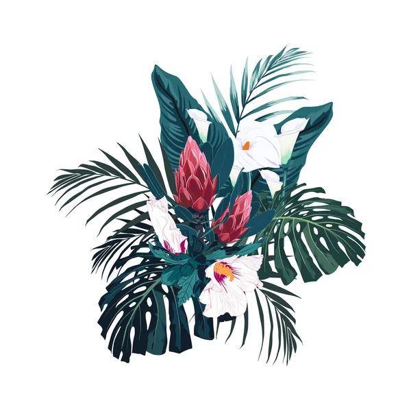 Tropische Blumen Palmblätter Dschungelblatt Hibiskus Und Protea Blüten Vektor Exotische — Stockvektor