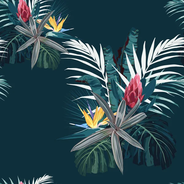 Motif Tropical Sans Couture Vectoriel Feuillage Tropique Vif Avec Feuilles — Image vectorielle