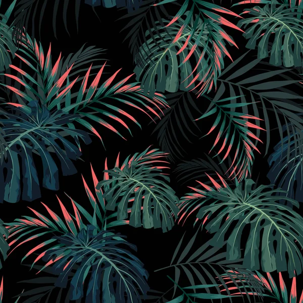 Vector Naadloze Tropische Patroon Levendige Tropic Gebladerte Met Palm Monstera — Stockvector
