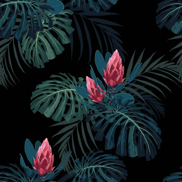 Hojas Tropicales Oscuras Con Plantas Selva Patrón Tropical Vectorial Inconsútil — Vector de stock