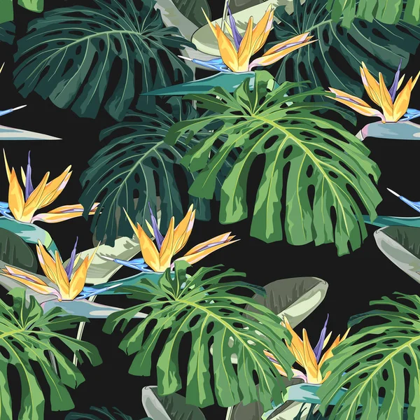 Hojas Tropicales Oscuras Brillantes Con Plantas Selva Patrón Tropical Vectorial — Vector de stock