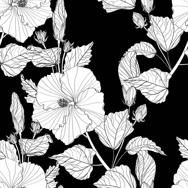 Hibiscus Çiçekler Tomurcukları Kusursuz Arka Plan Deseni Duvar Kağıdı Dekoratif — Stok Vektör