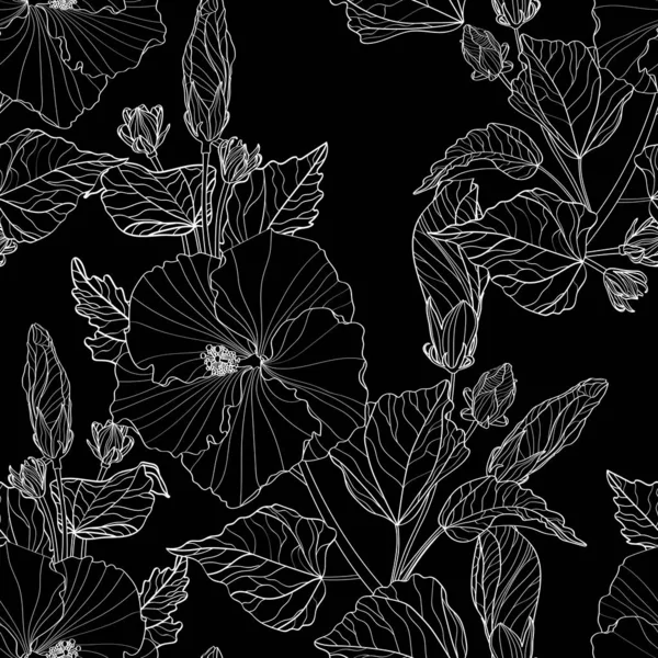 Modèle Sans Couture Blanc Ligne Hibiscus Fleurs Feuilles Sur Fond — Image vectorielle