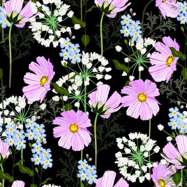 Çiçek ve otlar ile Dikişsiz vektör yaz sonbahar deseni. Moda, kumaş ve siyah arka plan üzerindeki tüm baskılar için desen. 