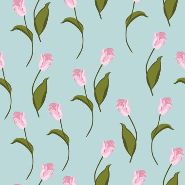 Laleler dikişsiz desen. Vektör illüstrasyon. Nane arka plan bahar pembe çiçekler. 
