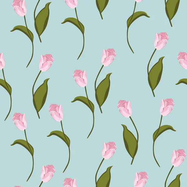 Tulpen Naadloze Patroon Vector Illustratie Lente Roze Bloemen Mint Achtergrond — Stockvector