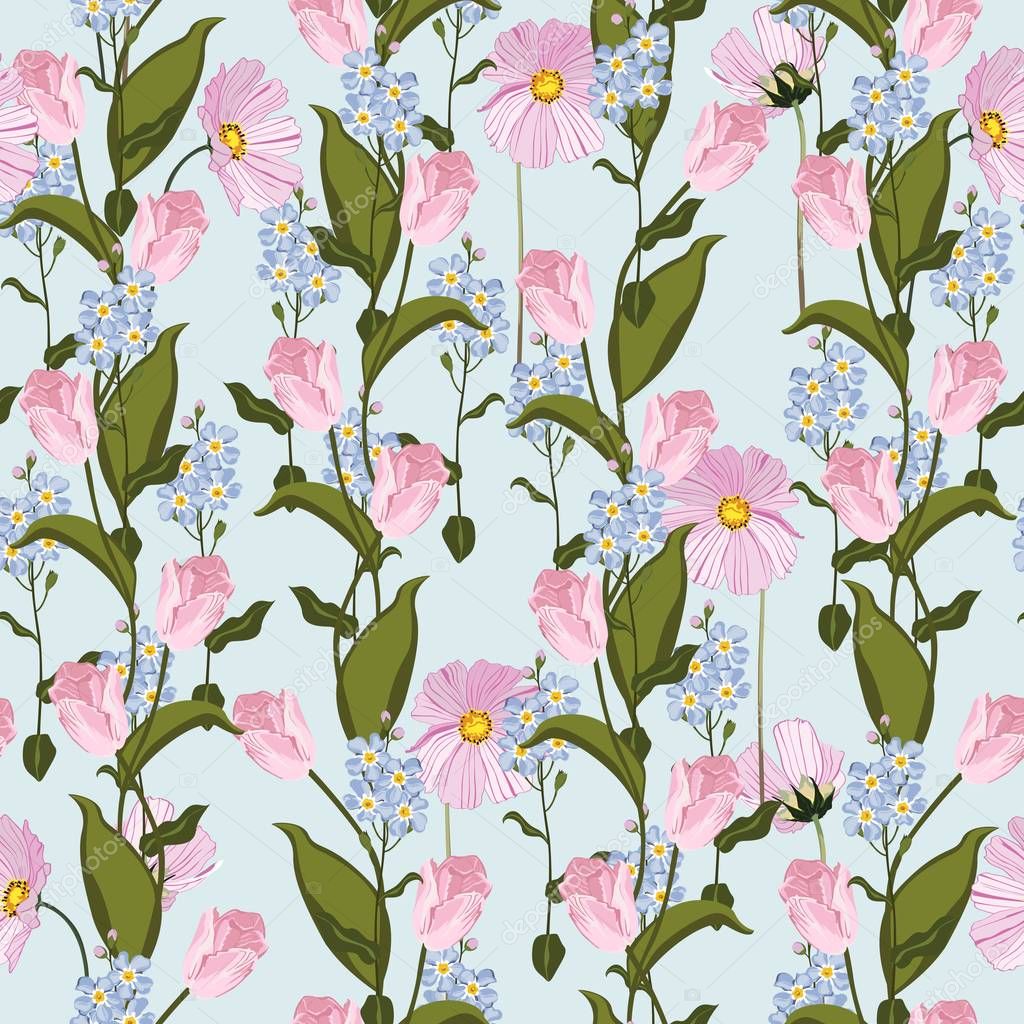 Tulips and forget-me-not flowers seamless pattern. Vector illustration. Mint background. 