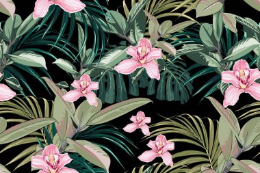 Palmiye yaprakları, ficus, monstera, pembe orkide çiçek ile Dikişsiz parlak sanatsal tropikal desen. Modern renkli tropik arka plan veya baskı. Siyah arka plan.