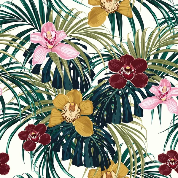 无缝图案 粉红色酒红色黄色兰花花和绿色异国情调的棕榈怪物叶子在光的背景 — 图库矢量图片