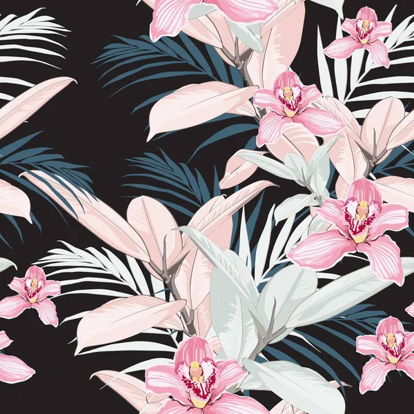 Roze Orchideeën Exotische Ficus Tropische Bladeren Naadloos Patroon — Stockvector