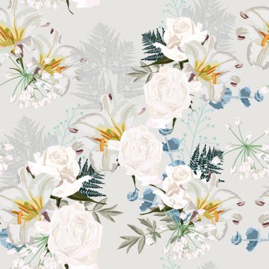 Gül ve zambak buketleri ile dikişsiz çiçek arka plan. Açık arka planda zambak ve otlar ile Düğün duvar kağıdı.