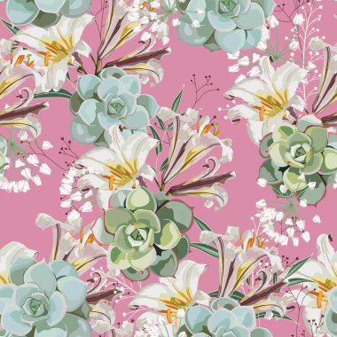 Dikişsiz çiçek deseni. Beyaz kraliyet lilyum çiçekler, otlar ve pembe arka plan üzerinde sulu.