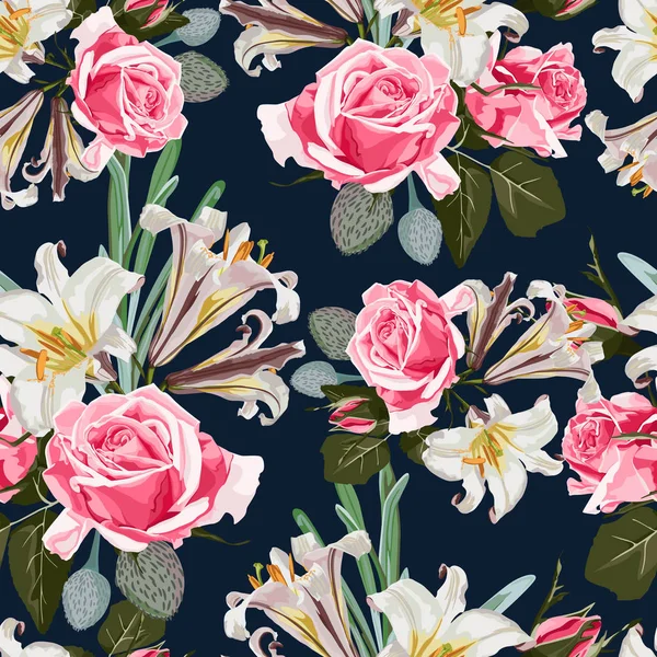 Nahtloses Muster Schönen Stoff Blühenden Realistischen Blumen Vintage Hintergrund Rosen — Stockvektor
