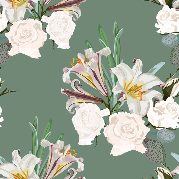 Бесшовный Шаблон Цветут Реалистичные Цветы Винтажный Зеленый Фон Розы Лилии — стоковый вектор