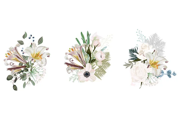 アネモネ 白いユリ ユーカリ 多肉植物のポスターグラフィックデザイン用のフローラルスプリングカード構成セット ロマンチックな装飾的な花束 — ストックベクタ
