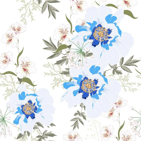 Floral Model Fără Sudură Flori Bujor Albastru Crini Spring Blooming — Vector de stoc