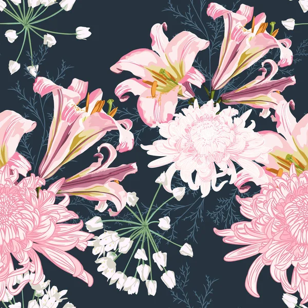 Patrón Sin Costuras Flores Con Hermosas Flores Lirio Rosa Crisantemo — Vector de stock