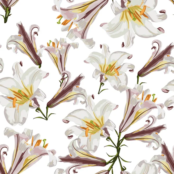 Vackra Vita Liljor Blommor Akvarell Stil Sömlöst Mönster Vit Bakgrund — Stock vektor