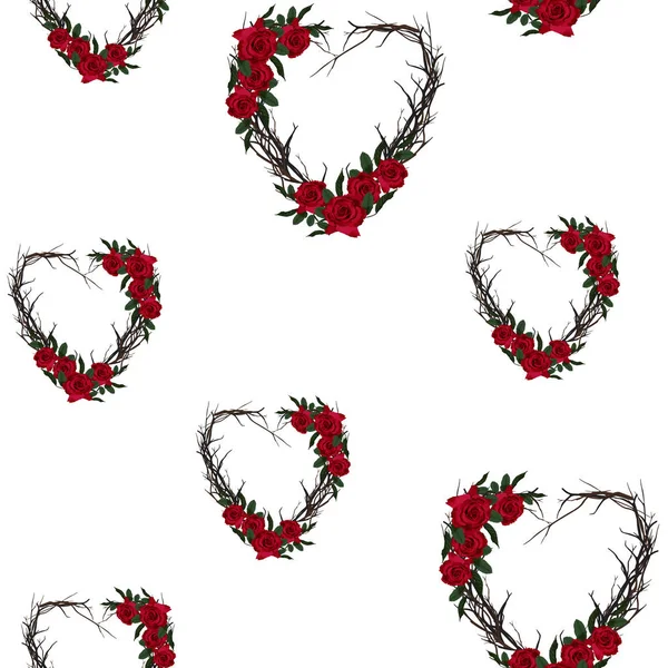Happy Valentine Dag Naadloze Patroon Rode Rozen Bloemen Hart Witte — Stockvector