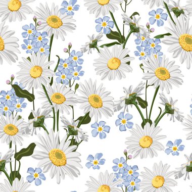 Chamomiles ve unut-me-değil çiçek çift ile Dikişsiz desen. Beyaz arka planda elle çizilmiş çizim.