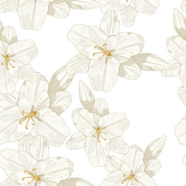 Güzel monokrom, zambak ile sepya anahat dikişsiz desen. Elle çizilmiş kontur çizgileri. Tasarım tebrik kartı ve düğün davetiyesi, doğum günü, Sevgililer Günü, anneler günü, diğer tatil.