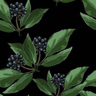 Yaprakları ile mavi çilek dalı ile Dikişsiz desen. El çizilmiş illüstrasyon, suluboya tarzı doku. Siyah arka plan.