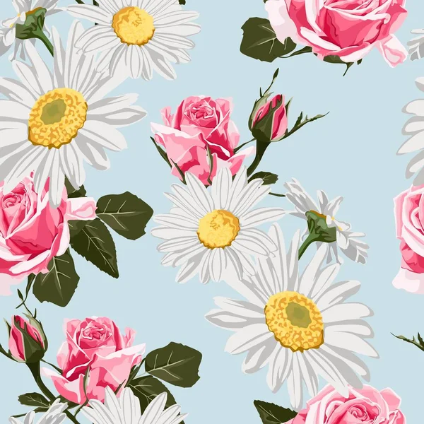 カモマイルとピンクのバラのシームレスなパターン 青い背景に手描きベクトルイラスト — ストックベクタ