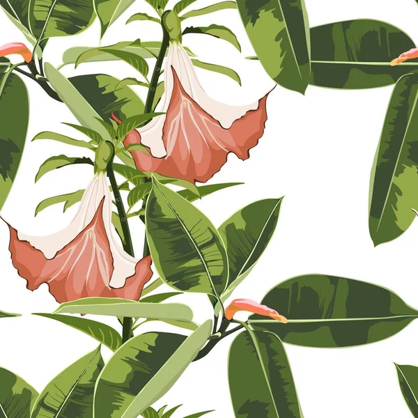 Fundo Padrão Floral Sem Costura Bonita Com Exótico Brilhante Ficus — Vetor de Stock