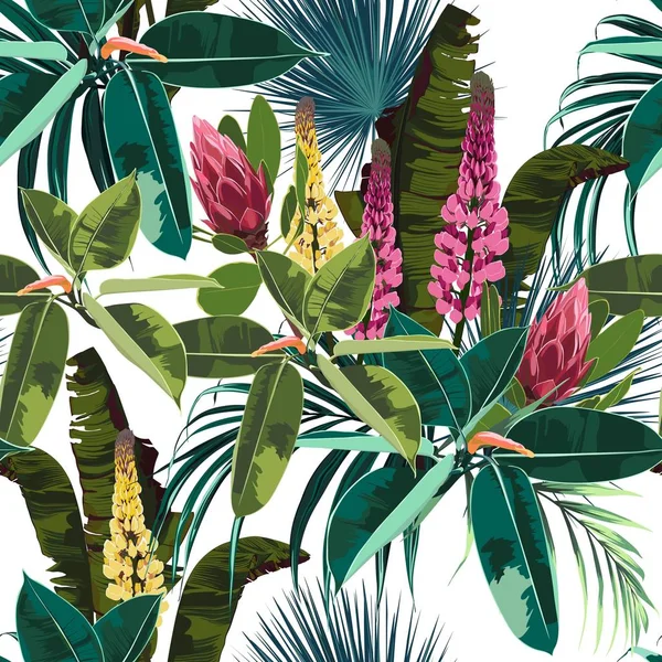 Bezešvá Jasná Umělecká Tropická Struktura Palmovými Listy Ficus Vlčí Květinou — Stockový vektor