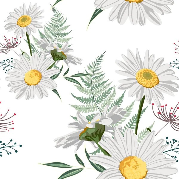 Květinové Bezešvé Vzory Letní Bylinkami Kapradí Heřile Camomilní Květy Bílé — Stockový vektor