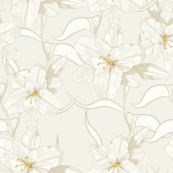 Mooie Monochroom Sepia Overzicht Naadloze Patroon Met Lelies Bladeren Hand — Stockvector
