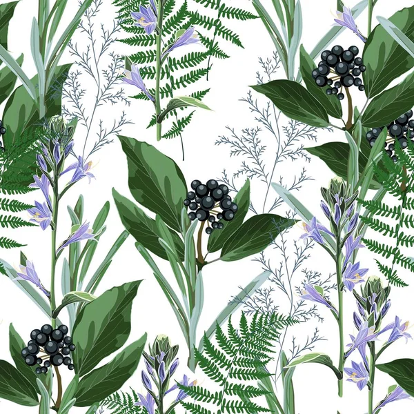 Vector Floral Naadloze Patroon Met Wilde Bessen Tak Kruiden Grassen — Stockvector