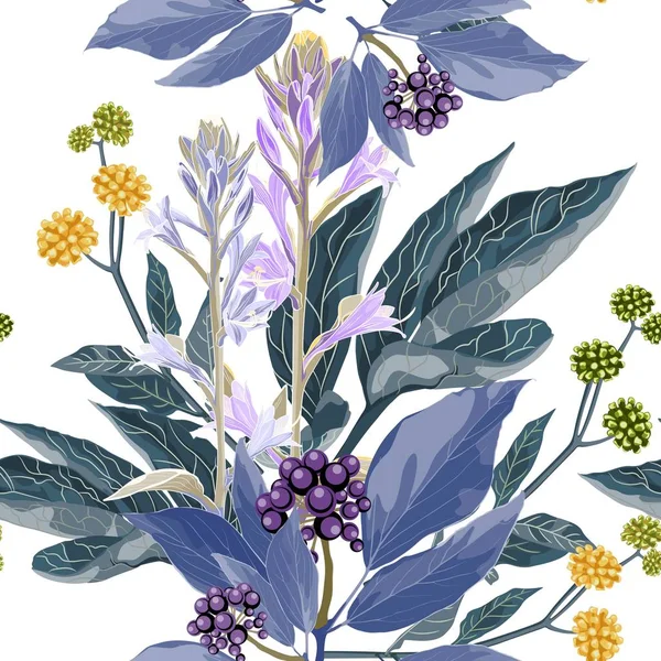 Vektor Nahtlose Muster Mit Blauen Beeren Zweig Mit Violetten Blättern — Stockvektor