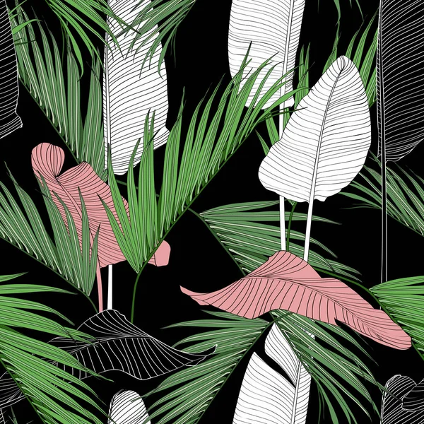 Ligne Exotique Feuilles Tropicales Sur Fond Sombre Motif Floral Sans — Image vectorielle
