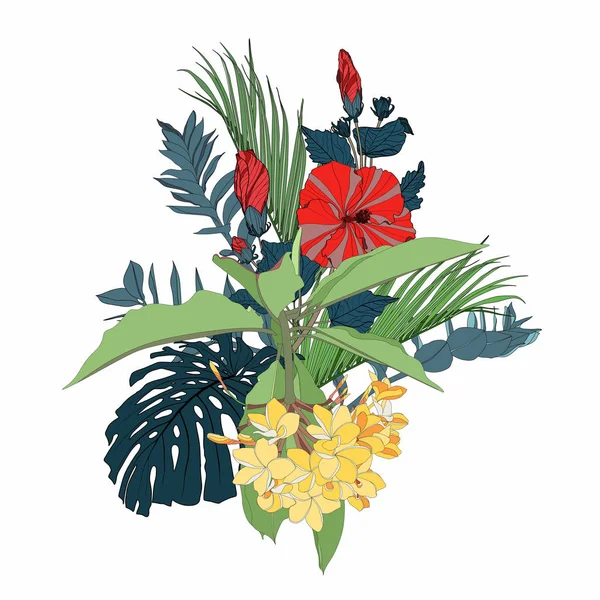Floral bouquet design: exotic flowers, leaves and plants. Wedding element for invite card. Designer element set. White background.