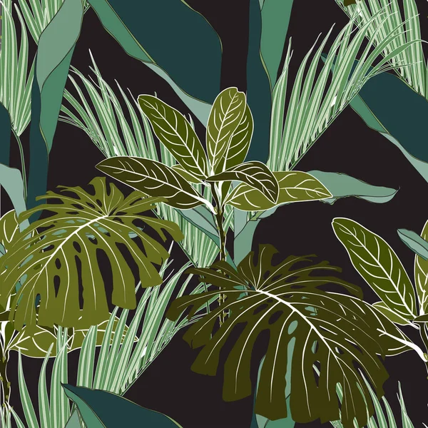 Exotická Obluda Palmová Listí Tmavém Pozadí Květinové Bezešvé Vzory Tropická — Stockový vektor