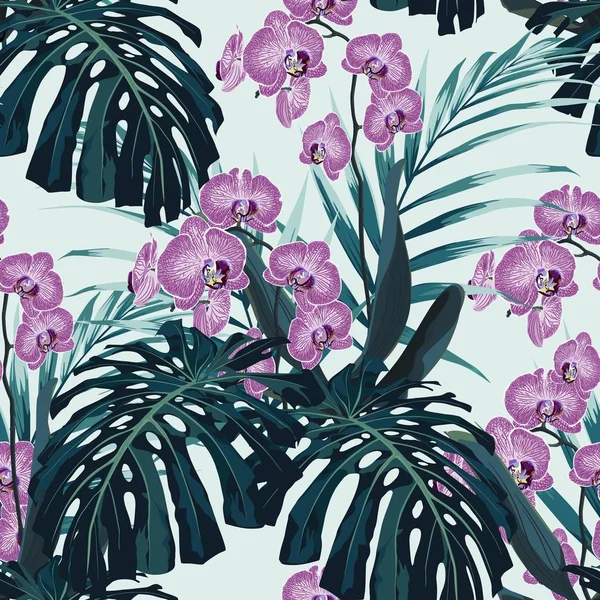 Padrão Sem Costura Flor Orquídea Violeta Verde Azul Exótico Folhas — Vetor de Stock