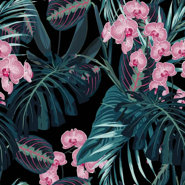 Бесшовный Узор Темно Зеленые Цвета Пальмовые Листья Тропические Розовые Цветы — стоковый вектор