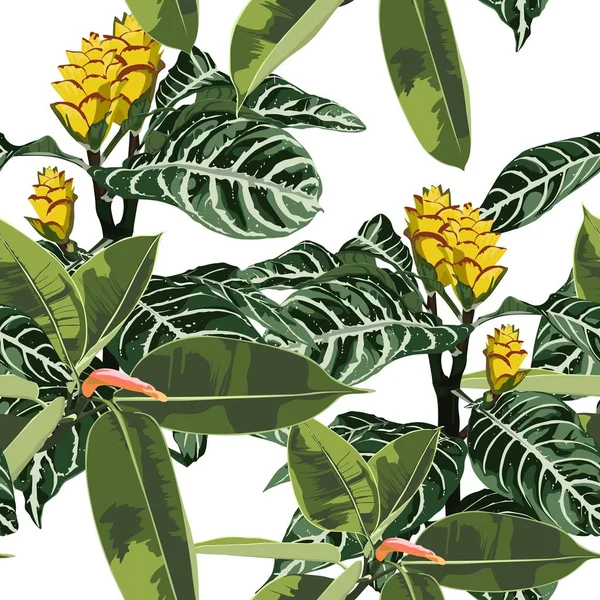 トロピカルエキゾチックな柔らかい素敵な黄色の花 イチジクの植物 緑の花の夏シームレスなパターンイラスト 白い背景 — ストックベクタ