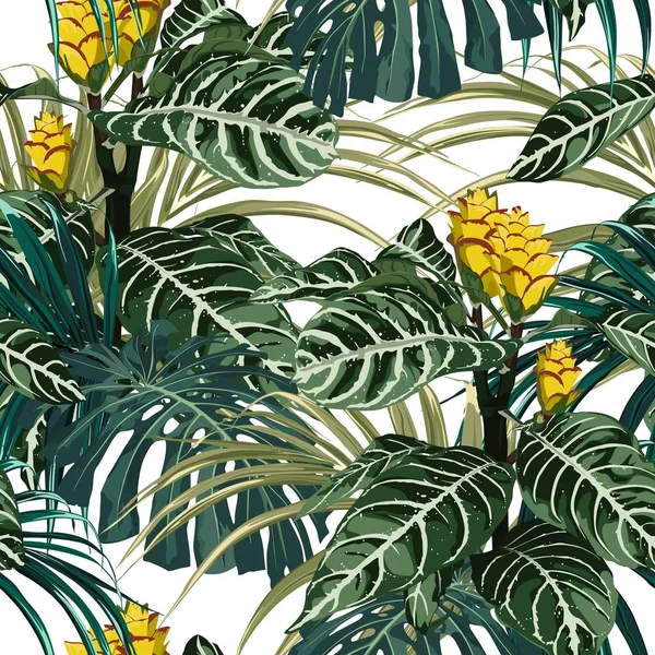 Tropikal Egzotik Ihale Güzel Sarı Çiçekler Palmiye Monstera Yaprakları Yeşil — Stok Vektör
