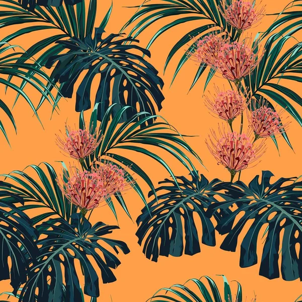 Plantas Exóticas Tropicales Patrón Sin Costura Monstruo Hojas Palma Flores — Vector de stock